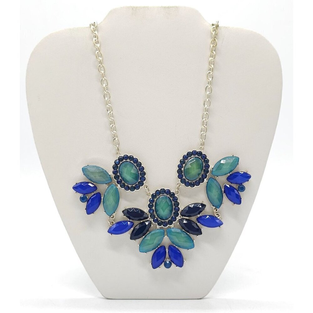 Blue Green Acrylic Statement Flower Necklace With Silver Chain Lobster Clasp